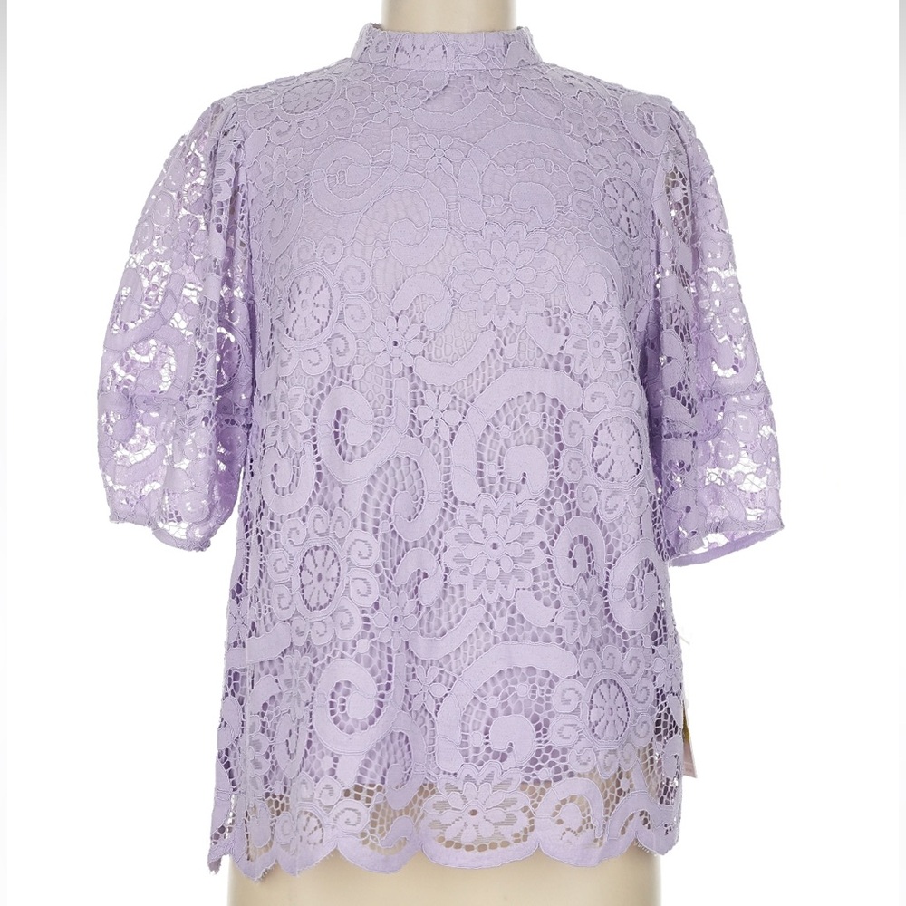 Nanette Lepore Chic Lilac Lavender Floral Lace Puff Sleeve Blouse Size M NWT
